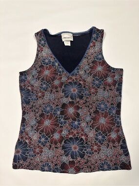 Vintage Fashion Bug Womens Navy Red Floral V-Neck Tank Top